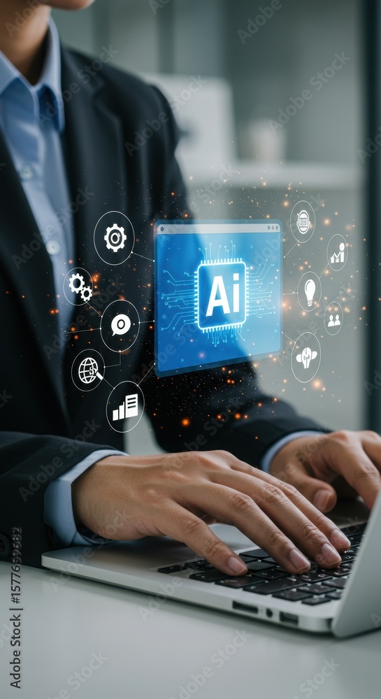 Poster business professional working on laptop with ai overlay. futuristic tech workspace with digital icon