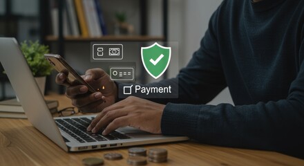 Digital payment transaction on smartphone and laptop. Secure online financial transfer with verification. Modern e-commerce technology integration.