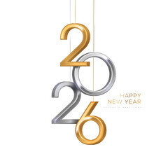 2026 silver and gold numbers hanging on white background. Vector illustration. Minimal logo invitation design for Merry Christmas and Happy New Year. Winter holiday poster banner flyer