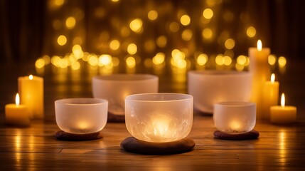 Tranquil Crystal Singing Bowls on a Serene Wooden Floor