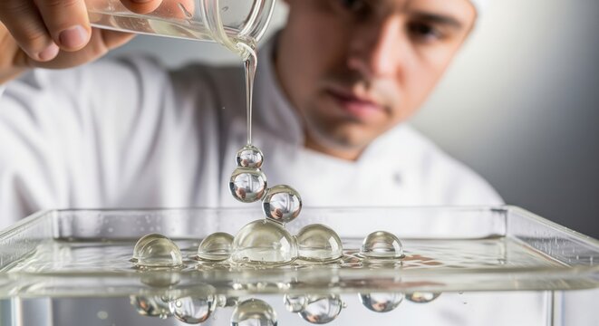 Molecular Gastronomy Spheres. A chef in a professional kitchen carefully pours liquid from a beaker to create transparent spheres, a technique often associated with molecular gastronomy.  - Powered by Adobe