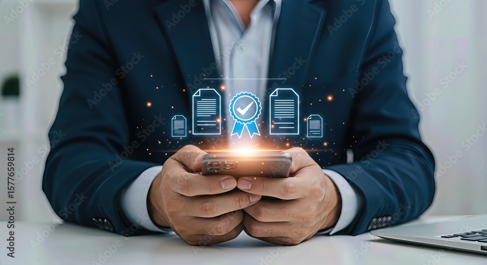 Poster a businessman holds a smartphone displaying digital documents and a certification badge, signifying 