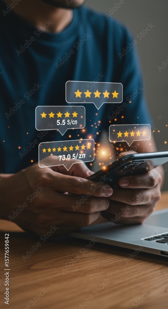 Poster customer satisfaction ratings on smartphone in business setting. professional checking feedback scor