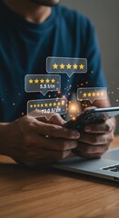 Customer satisfaction ratings on smartphone in business setting. Professional checking feedback scores on mobile device. Business analytics with star ratings overlay.