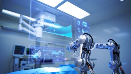 Surgical Robot Arm with Interactive Data Visualization in Modern Operation Room, High-Tech Surgical Robot System with Advanced Augmented Reality Interface for Precision