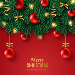 Merry Christmas Happy New Year 2026 red background, Fir tree branches, ball toy, Xmas lights garland. Vector illustration. Bauble, confetti decor. Gift card, sale poster, santa fashion party banner.