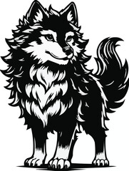 Vector art of a fluffy cartoon wolf standing with its tail curled