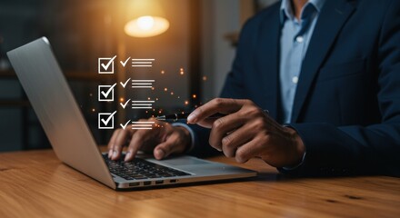 Productive executive reviewing completed checkboxes on laptop. Organized professional with task approval overlay. Business efficiency with digital checklist.