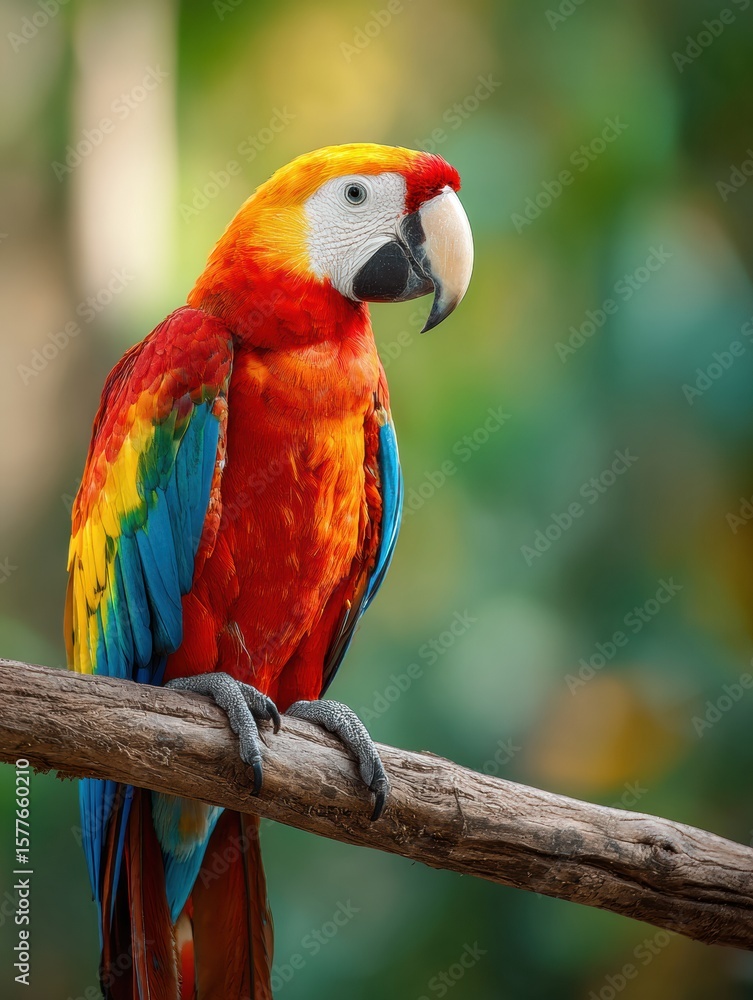 Poster colorful parrot perched on a tropical branch in a vibrant jungle setting with empty space for text