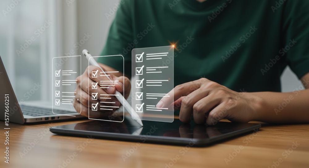 Poster professional using stylus on tablet with digital checklist. modern productivity with futuristic task