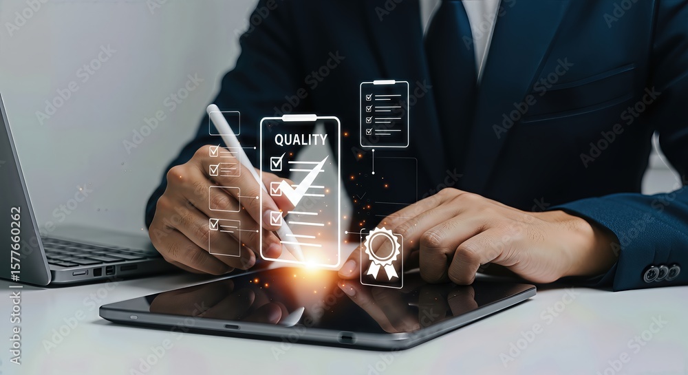 Poster a businessman meticulously reviews a digital quality control checklist on a tablet, symbolizing a co
