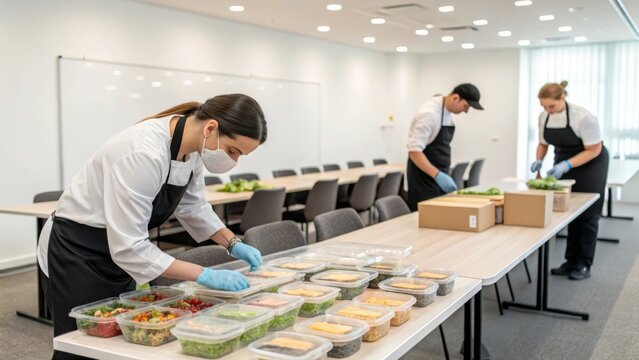 caterer Preparing Packaged Meals in Meeting Room