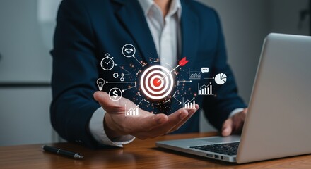 Business professional presenting success target. Executive showcasing precision and strategy. Corporate leader with analytics and innovation icons.