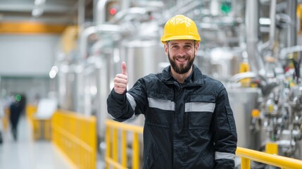 Portrait full body of factory worker in protective equipment holding thumbs up in production hall. with copy space