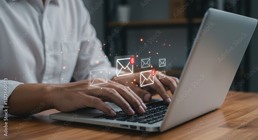 Poster person typing on laptop with email notifications. digital workspace with unread messages. profession