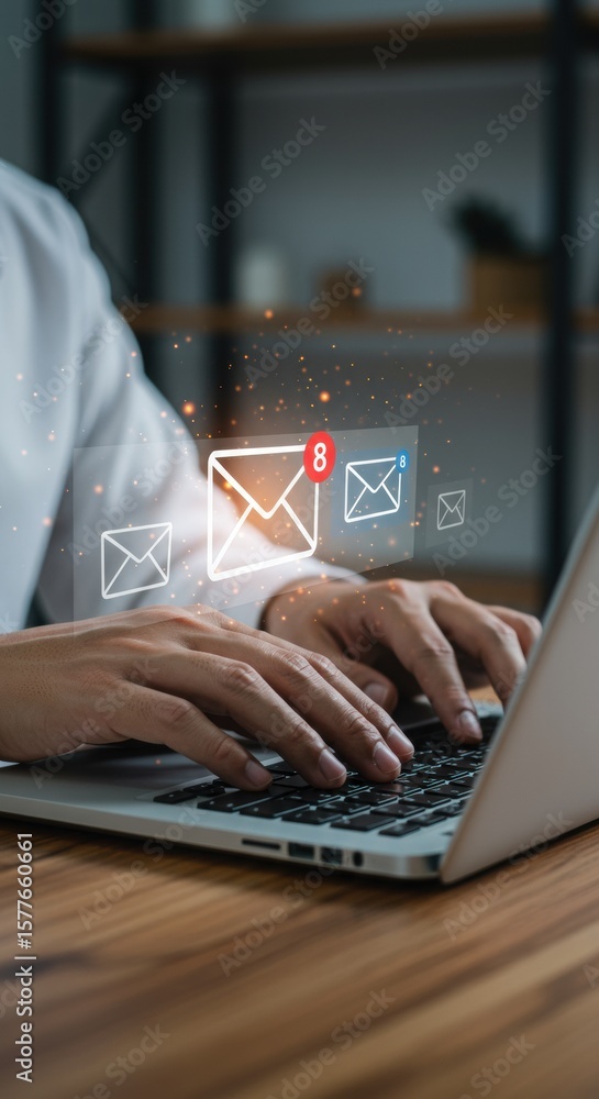 Poster person typing on laptop with email notifications. digital workspace with unread messages. profession
