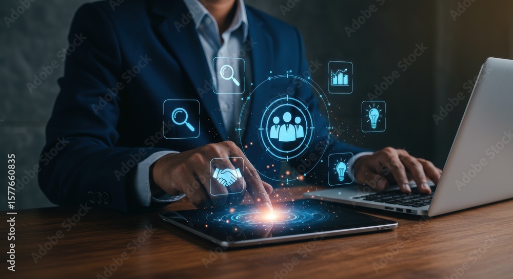 Poster business professional using high-tech ai interface. futuristic corporate environment with digital ic