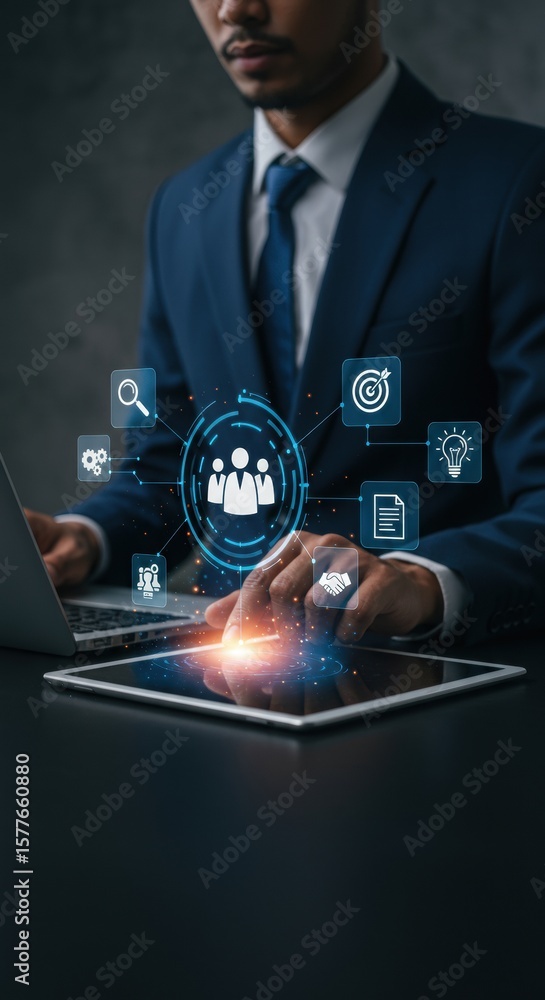 Poster business professional using high-tech ai interface. futuristic corporate environment with digital ic