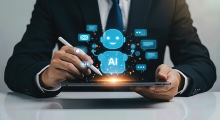 A businessman in a suit uses a tablet to interact with a glowing ai robot icon surrounded by communication and data icons, representing artificial intelligence in business
