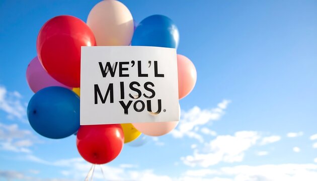 Colorful balloons with a sign saying "We'll Miss You - Powered by Adobe