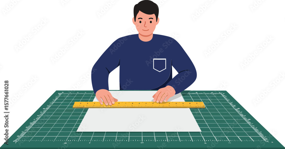 Aufkleber man working with ruler on cutting mat measuring paper for design or craft project vector illustratio