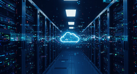 Cloud Concept Fractal number tunnel in a futuristic digital corridor interior