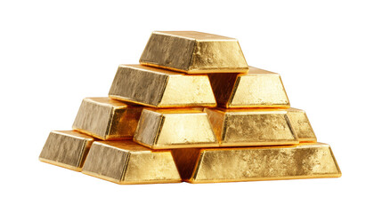 A gleaming stack of shiny gold bars are isolated against a stark black background, representing...