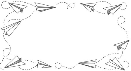 Paper Planes Doodle Frame: Hand-Drawn Paper Airplane Border with Dashed Lines