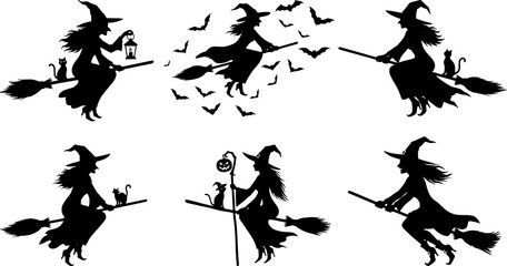 A set of black witch silhouettes soaring on broomsticks with cats and bats for spooky halloween designs and decorations