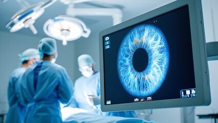 Surgeons performing eye surgery, using a monitor to guide them,Eye surgery in progress, with a detailed view of the iris displayed on a screen