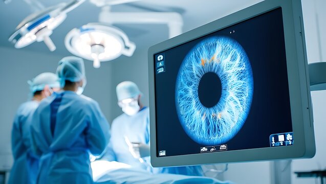 Surgeons performing eye surgery, using a monitor to guide them,Eye surgery in progress, with a detailed view of the iris displayed on a screen
