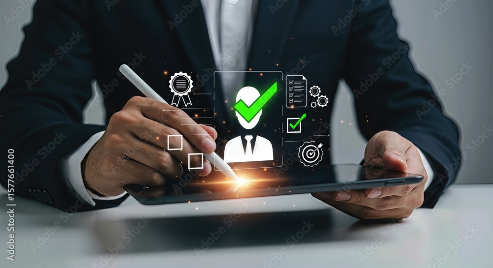Aufkleber a businessman uses a stylus on a tablet, interacting with a digital interface displaying a checklist