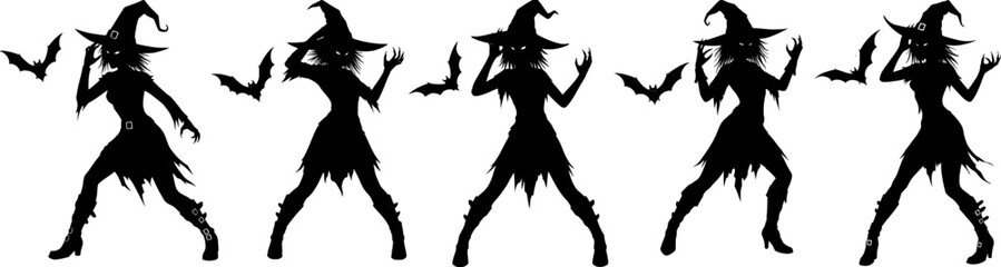 A playful collection of spooky witch silhouettes with bats wearing tattered dresses and pointed hats for a fun halloween celebration