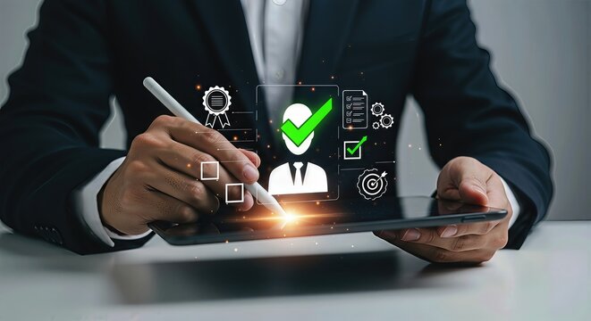 A businessman uses a stylus on a tablet, interacting with a digital interface displaying a checklist and success icons, symbolizing efficient business processes and goal achievement - Powered by Adobe