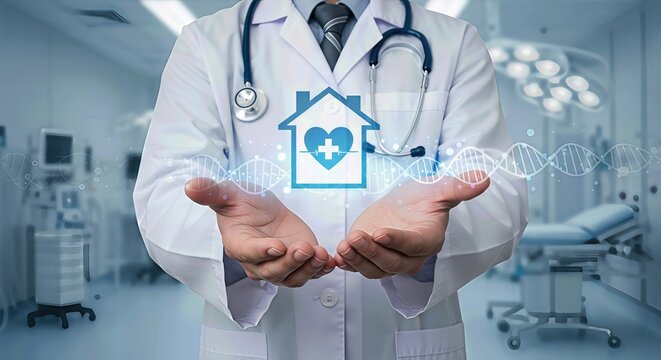 A doctor in a white coat holds out their hands, presenting a glowing icon of a house with a heart and dna strand, symbolizing comprehensive healthcare and life protection