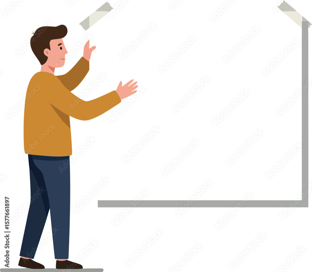 Poster man standing drawing house shape with marker on transparent background vector illustration