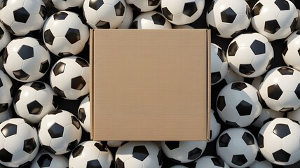 A minimalist top-view product photograph features a plain cardboard box centered among a classic black and white soccer balls