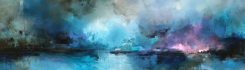 A colorful painting of cityscape under blue sky with purple clouds at twilight