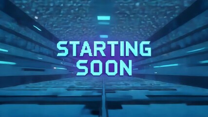 Stream starting soon screen with pixelated text animation in a futuristic blue corridor background for online gamers and content creators - Powered by Adobe