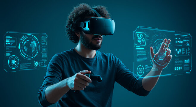 Man experiencing virtual reality with futuristic interface and controller