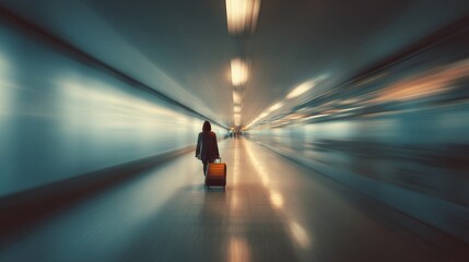 person pulling a suitcase down a long train station hallway, motion blur effect