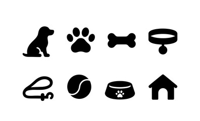 Minimalist pet icons set: dog, paw, bone, collar, leash, ball, bowl, house