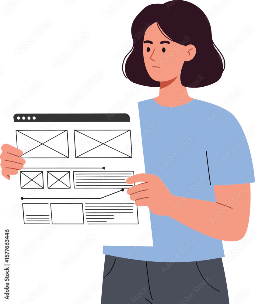 Poster woman holding wireframe design template for web page development and user interface layout illustrat