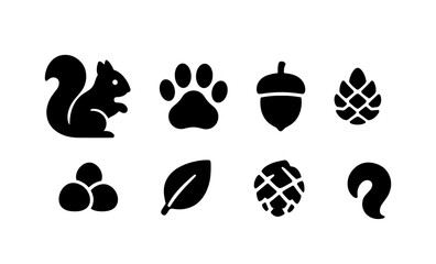 Squirrel silhouette and forest elements in black icons set