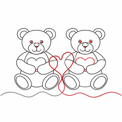 Obraz premium two teddy bear with heart continuous line drawing