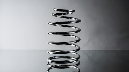 Mechanical Marvel: Captivating close-up shot of a gleaming metallic spring, elegantly coiled against a backdrop of subtle gradients, reflecting light and shadow.