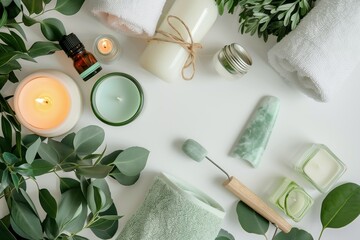 Flat lay of wellness items including candles, towel, jade roller, and essential oils on white background.