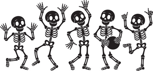Funny Dancing Skeletons Vector Set – Cute Halloween Cartoon Characters in Silhouette Style © SATHI