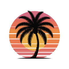 Tropical island with palm tree silhouette vector illustration