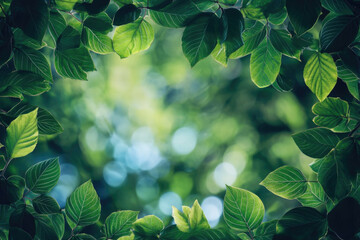 Lush natural frame with vibrant green leaves surrounding softly blurred background, fresh and organic composition. For eco-friendly branding, wellness, environmental concepts, nature-inspired designs